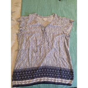 Liz Claiborne‎ Size XXL Tall Blue Flutter Sleeve Border Print Lace Up Tunic Top